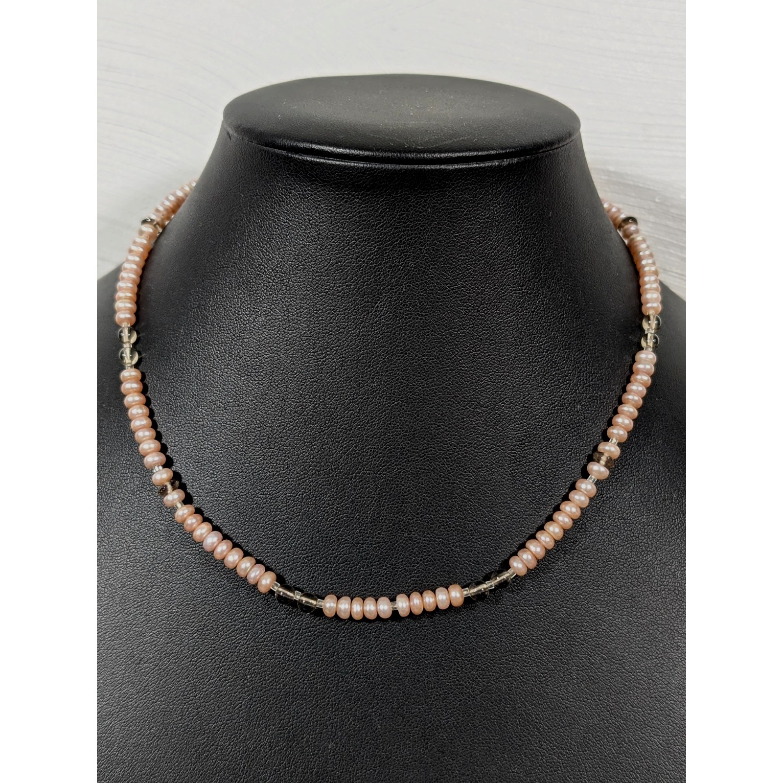Str 925 Pink Flat Pearl Smokey Glass Bead Necklace 16 In Elegant Chic 45$